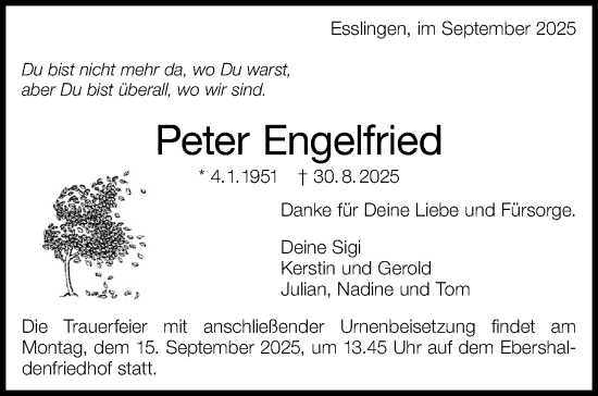 Traueranzeige von Peter Engelfried von Eßlinger Zeitung