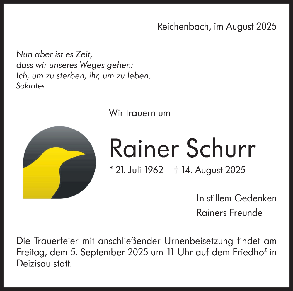  Traueranzeige für Rainer Schurr vom 30.08.2025 aus Eßlinger Zeitung