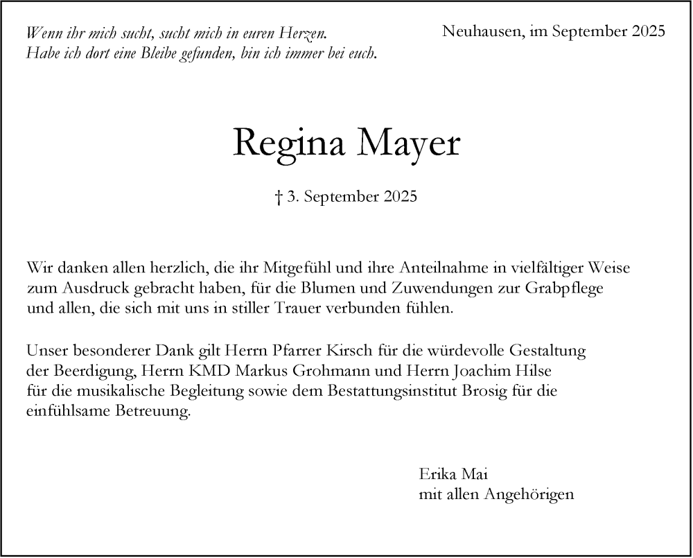  Traueranzeige für Regina Mayer vom 18.09.2025 aus Eßlinger Zeitung