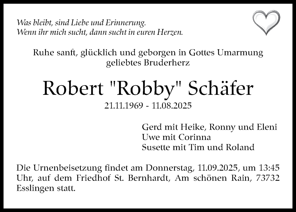  Traueranzeige für Robert Schäfer vom 06.09.2025 aus Eßlinger Zeitung