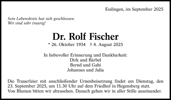 Traueranzeige von Rolf Fischer von Eßlinger Zeitung