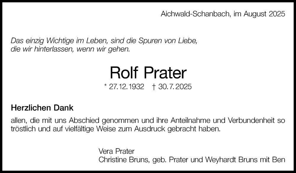  Traueranzeige für Rolf Prater vom 30.08.2025 aus Eßlinger Zeitung
