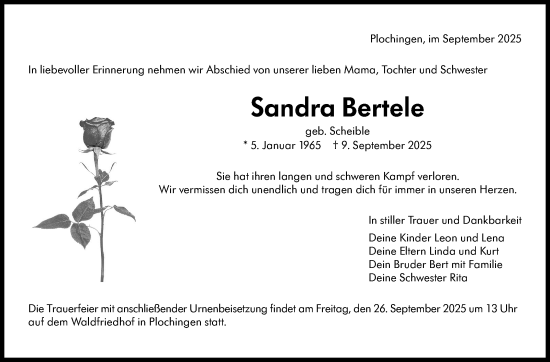 Traueranzeige von Sandra Bertele von Eßlinger Zeitung