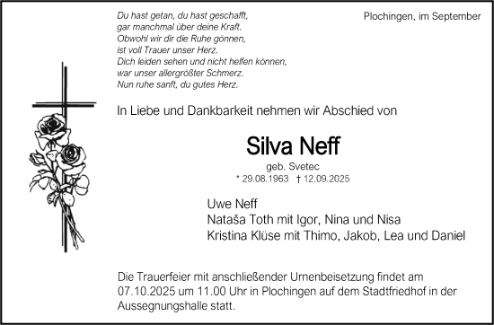 Traueranzeige von Silva Neff von Eßlinger Zeitung