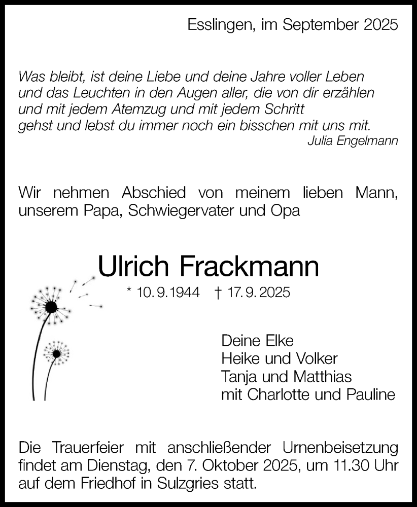 Traueranzeige für Ulrich Frackmann vom 20.09.2025 aus Eßlinger Zeitung