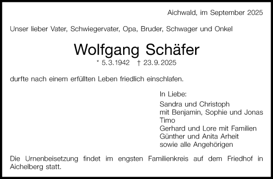 Traueranzeige von Wolfgang Schäfer von Eßlinger Zeitung