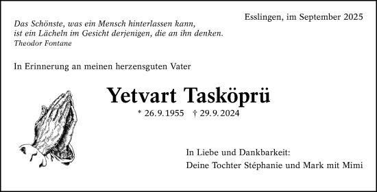 Traueranzeige von Yetvart Tasköprü von Eßlinger Zeitung